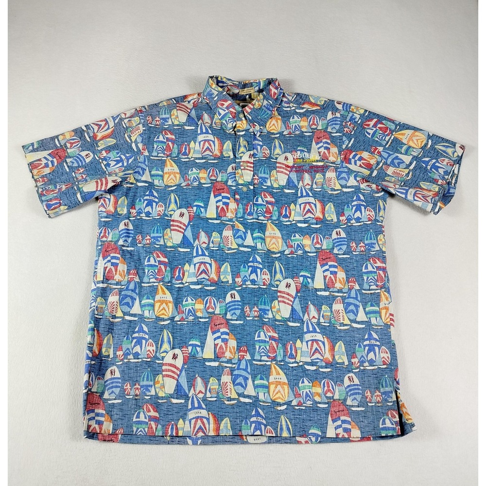 Reyn Spooner Shirt Mens Large Blue Hawaiian Aloha Sailboat Newport Bermuda Race